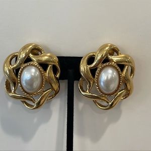 St.John vintage pearl and gold clip earrings.